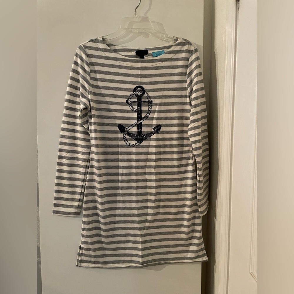 Sandiva Nautical Long Sleeve Cover up  Top Ivory/Grey/Navy Stripe NWOT
